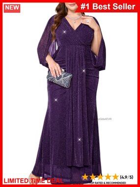 Plus Size Sparkly Formal Dress V Neck Wrap Mesh Split Cape Sleeve Mermaid Maxi